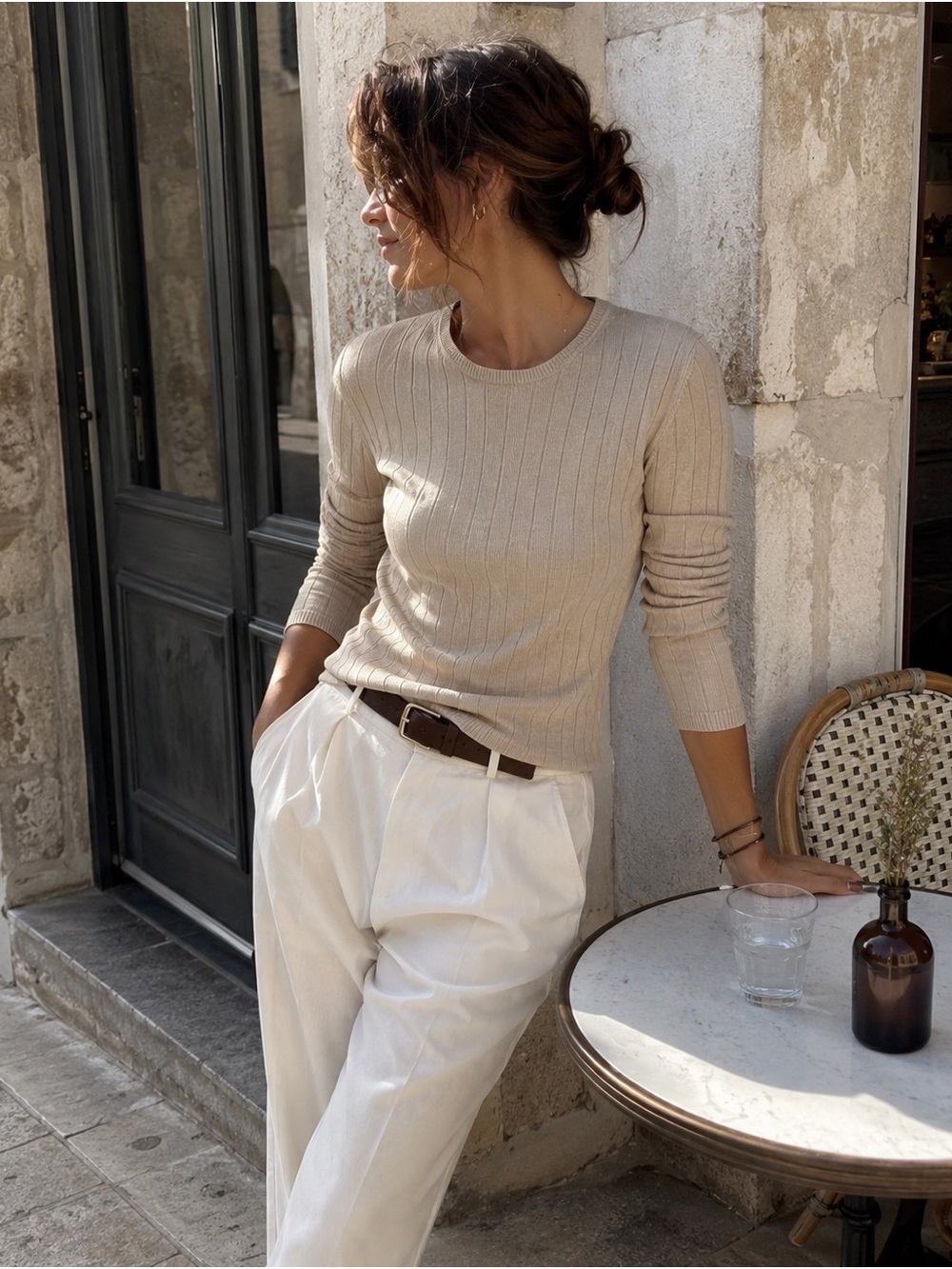 Vintage August Silk Beige Ribbed Long Sleeve Knit Crew Neck